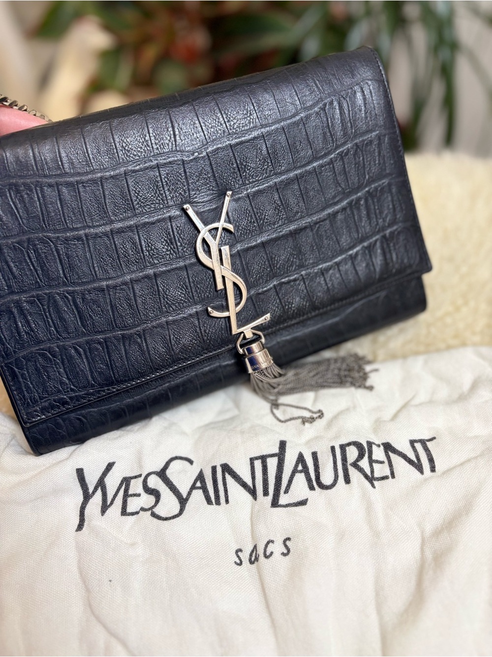 YSL Calfskin Crocodile Embossed Medium Classic Monogram Kate TasselSatchel Black